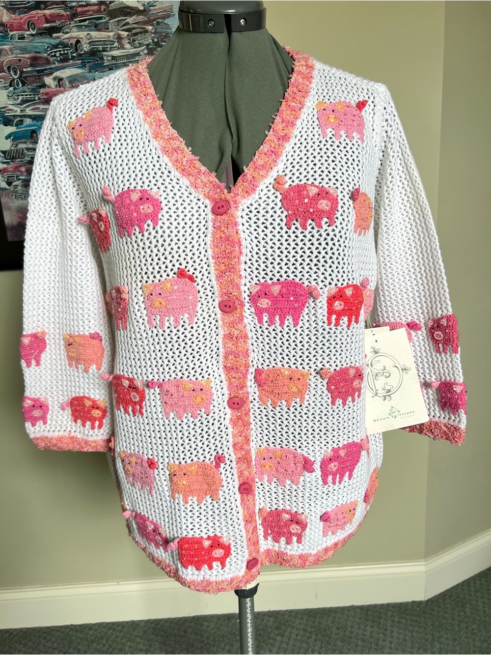 NWT Design Options L Pig Piggy Farm Sweater Cardigan Open Knit